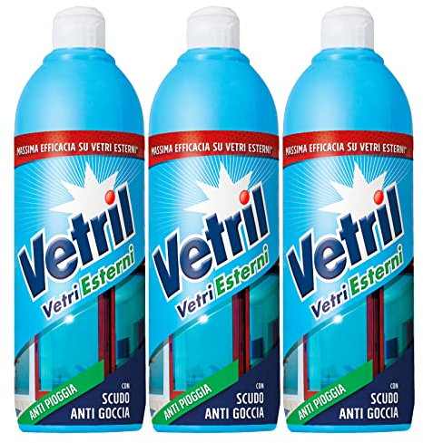 Vetril - Vetri Esterni, Detergente Anti Pioggia, Scudo Anti Goccia, Brillantezza Senza Aloni, 650 ml x 3 Pezzi
