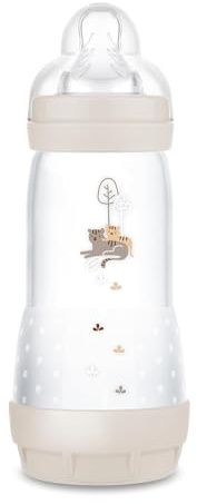 MAM Easy Start Anti-Colic babyflaska (320 ml), särskilt väl accepterad mjölkflaska, babyvattenflaska med golvventil mot kolik och spen, storlek 2, 4 månader, tiger