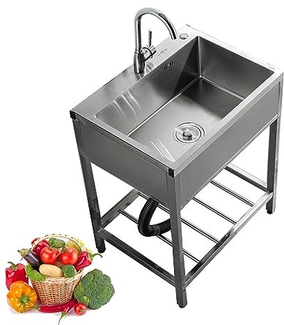Camping Waschbecken Outdoor Küche,Spüle Küchenspüle mit Unterschrank,Ausgussbecken Spülbecken edelstahlEdelstahl,Spültisch,Mobiles Waschbecken,mit Wasserhahn,Ablauf-Set,Halterung ( Color : Single Cold