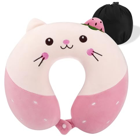 Litimkat Almohada de Viaje,Almohada portátil para el Cuello para niños,Almohada de Espuma viscoelástica en Forma de U,Viajes,Oficina,Lindo patrón de Animales (Rosa)