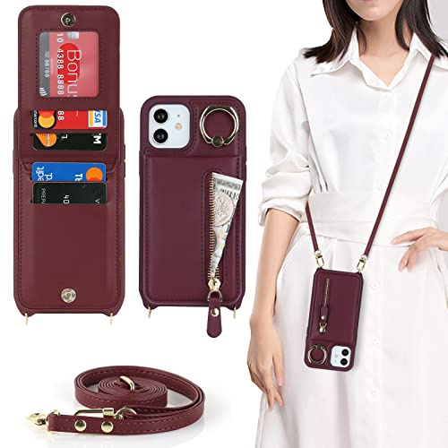 CAVOR Handykette Handyhülle Kompatibel mit iPhone 12/12 Pro Hülle Mit Band,Flip Leder Geldborse Hülle,[4 Kartenfach][Mit Ring][Reißverschluss],Handytasche zum Umhängeband - Burgunder