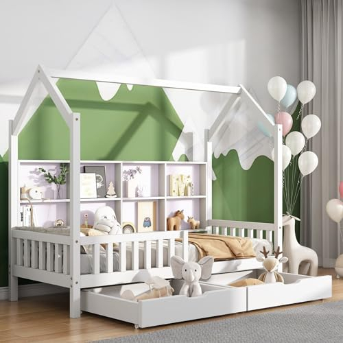 Daesar Kinderbett 90x200 mit Rausfallschutz, Hausbett mit Ablageregal, Funktionsbett Stauraumbett Bett mit Schubladen, Einzelbett Jugendbett für Jungen Mädchen, Weiß