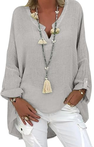 Tincini Blusa de lino para mujer, túnica de verano, cuello en V, tallas grandes, camisa de blusa, camisa de manga larga, lino algodón, camisa, tops, camisa estampada, F gris., XXL