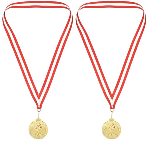PATIKIL 2.5 Gold Tischtennis Medaillen 2 Pack Tischtennis Preis Medaillen mit Band Rot Weiß für Spiele Sportliche Wettkämpfe