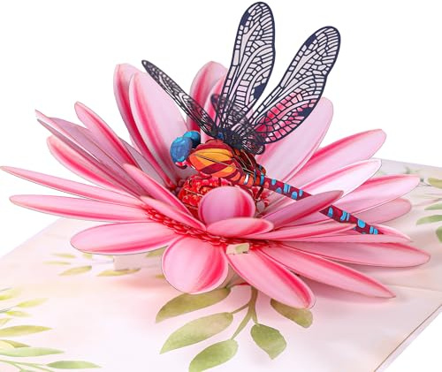 Pop Up Mothers Day Card for Women, Dragonfly&Gerbera Daisies Flower 3D Birthday Card, Ideal Gift for Mothers Day, Birthday, Valentines, All Occasion for Her, Wife, Mom, Grandma, Sister, Daughter