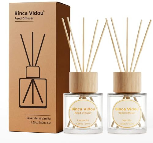 Reed Diffuser Set of 2, binca vidou Lavender, Vanilla Fragrance Reed Oil Diffuser Set with Rattan Reeds for Office Bathroom Living Room 50ml