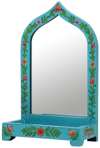 Marrakesch Schminkspiegel mit Aufbewahrungsbox für den Schminktisch aus Holz 38cm | Vintage Standspiegel klein Akriti -2- | Orientalische Make Up Spiegel Kosmetikspiegel mit Organizer als Zimmer Deko