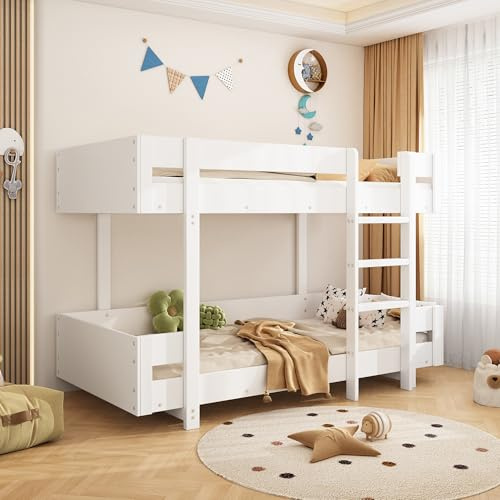 Etagenbett Kinderbett Hochbett Jugendbett mit 2 Liegeflächen 90x200 und Leiter, Platzsparendes Stockbett Holzbett Bettrahmen mit Rausfallschutz und Lattenrost, stabile Massivholzkonstruktion, Weiß