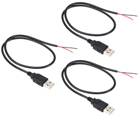 PATIKIL 0.5M/2Ft 5V 3A Type-C Pigtail Extension Power Cable, 3 Pcs 22AWG USB-C Plug to 2 Pin Bare Wire Open End Connector Plug for DIY Equipment Repair, Black