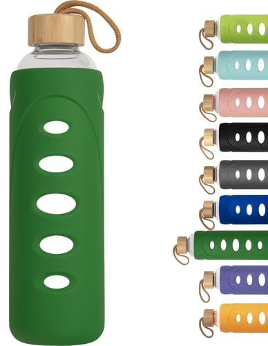Ferexer Sport Glas Trinkflasche 1000ml / 1 Liter, Borosilikatglas Wasserflasche mit Silikonhülle und Einzigartigem Deckel