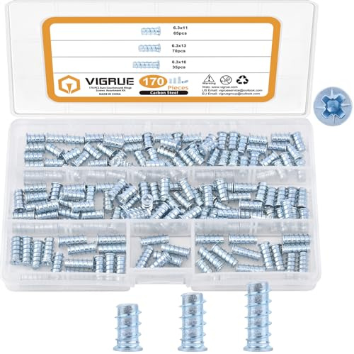VIGRUE 170 Stück Euroschrauben mit Senkkopf für Möbelschrauben, Kreuzschlitz Schrauben 6,3x11mm, 6,3x13mm, 6,3x16mm, Stahl Verzinkt, für Möbel Scharniere, Schubladenführungen, Vollgewinde Bohrung 5mm