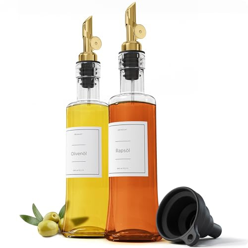 Greymount ® Ölflasche Set - 2er Pack 300m Essig und Ölspender aus Glas mit Ausgießer Gold für Olivenöl und mehr | Auslaufsicher und Tropffrei | Inklusive 27 Etiketten und Trichter