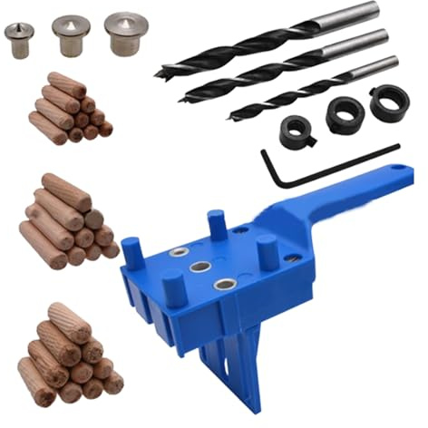 Buaak Kit di 41 tasselli per legno da 6/8/10 mm, con manicotto in metallo, strumenti manuali per trapano, maschera professionale per tasselli, strumenti per sega a tazza per tassello (blu)