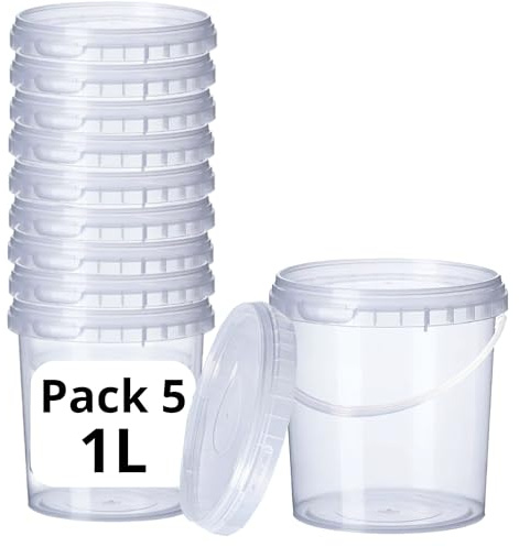 GROWMANIA Confezione x5 Secchio in plastica trasparente da 1 L con manico - Tupper ermetico adatto per alimenti, liquidi e vernici - Barattolo contenitore resistente