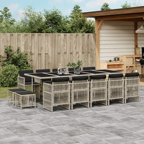 Homgoday 15-TLG. Garten-Essgruppe mit Kissen Gartenmöbel Set Sitzgruppe Gartenstuhl mit Tisch, Balkonmöbel Terrassenmöbel Gartengarnitur Sitzgarnitur Hellgrau Poly Rattan