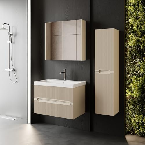 Badmöbel Set Bella 80 | Keramikwaschbecken | Unterschrank | Spiegelschrank | Softclose-Schubladen & -Türen | Riffeloptik & Griffmulden | Eleganter Stil | Badmöbel | Waschtisch mit Unterschrank 80 cm