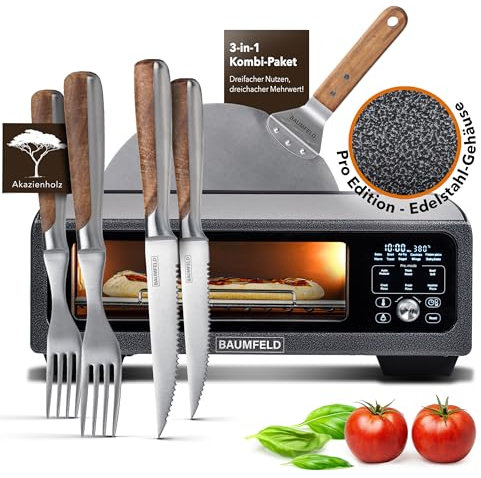 Baumfeld Pizzaofen Bundle Pro, 4-teiliges Set mit Besteck | Für knusprige Steinofenpizza, hitzebeständig bis 400°C (Pro)
