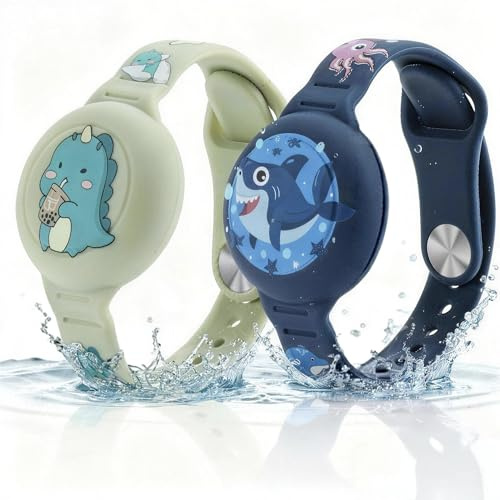 Aiyraa 2 st armband för barn – vattentätt, anti-förlust och reptåligt, silikon-AirTag-fodral med karbinhake, söt dinosaurie och hay-design (perfekt för småbarn)