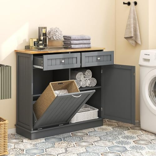 il genio online Buffet de cuisine, armoire avec support pour poubelles 42 l, meuble en bois de caoutchouc avec 2 tiroirs et étagère réglable, commode pour poubelles, 100 x 35 x 90,5 cm