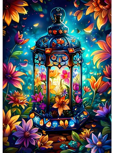 EOBROMD 5D Wind Lantern Diamond Painting Kits for Adults, Full Round Drill Flowers Diamond Art Kits, Fantasy Crystal Art Kits for Home Wall Decor Gifts 30x40cm