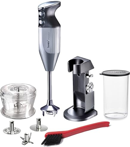 bamix Set mixeur plongeant M200 Chef’s favorite avec support, récipient, 3 embouts, hachoir, brosse de nettoyage, 200 W, Fabriqué en Suisse, Revêtement argenté/chrome