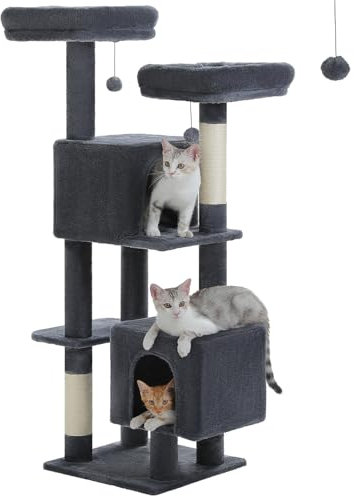 PETEPELA Árbol rascador de flores para gatos de 133 cm, bonito árbol para gatos domésticos con 2 asientos acolchados de flores, 2 cuevas y 2 columnas para rascar, color rosa (gris)