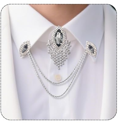 PEARLY JUN Collar Chain Pins And Button Cover Cuff Links Set, Sliver Rhinestone Brooches Lapel Pin Chain Shirt Ties Clips for Women Men, Collar Pins Suit Shawl Cardigan Wedding Accessories Decorative