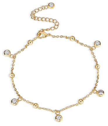 PHNIBIRD Fußkette Gold Wasserfest mit 5 Zirkonia-Kugeln Anhänger Schmuck | 18k Vergoldete,Hypoallergen,Verstellbare 20+5cm,für Sommerliche Strandausflügefür,Fußkettchen für Damen
