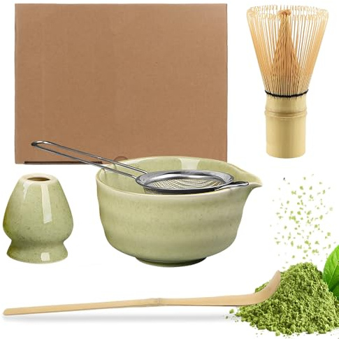 KQWVZ 5 Pezzi Matcha Kit, Frusta Matcha in Bambù Naturale, Paletta Bambù, Setaccio, Supporto per Frusta in Ceramica, Ciotola Tradizionale Per Matcha, Matcha Set per Preparare Il Regalo Ideal
