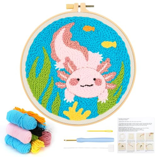 JSRQT Punch Needle Embroidery Starter Kits with Hoops Instructions Beginner Rug Hooking Pinch Craft Handcraft Tools Yarn Pink Mexican Walking Fish Pattern for Adults DIY Cross Stitch