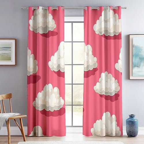 Tende per Interni, Nuvole Sfondo Rosa Stile Infantile 3D Termiche Isolanti Tende Oscuranti per Soggiorno 140L x 220A cm (2 Pannelli) con occhielli stampati Rosa Bianco