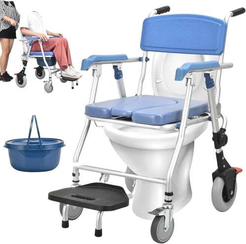 Toilettenstuhl Für Senioren Mit Rollen, Faltbar Nachtstuhl Mit Armlehne, Dusch Toilettenstuhl Fahrbar Mit Urineimer, WC Stuhl Mit Herausnehmbarer Eimer Für Ältere Behinderte, Tragfähigkeit 150kg