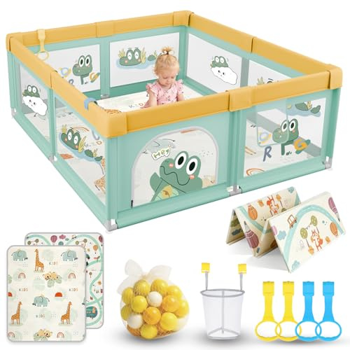 SOFTHOM Laufstall Baby mit Matratze, 180x200cm Laufgitter Baby mit Rutschfestem Boden und Atmungsaktivem Netz, Stabiler und Sicherer Indoor & Outdoor Babyspielplatz, Inkl. 60 SeebäLle, 4 Griffe