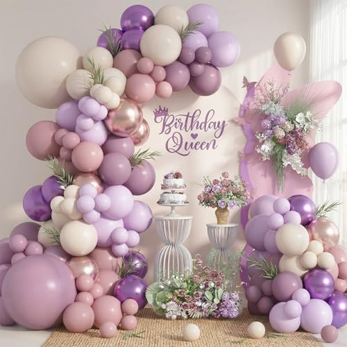 Dusty Purple Balloons Garland Arch Kit, Pink Purple Metallic Rose Gold Balloon, Lilac Retro Pink Sand White Balloon for Boho Baby Shower Bridal Wedding Birthday Mother's day Butterfly Party Decoration