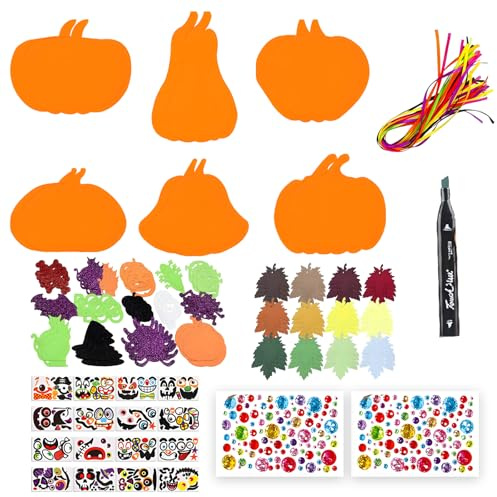 PcvGef 12 Stück Halloween Basteln Kinder, DIY Kürbis Deko, Bastelset Halloween Kinder, Basteln Hall0ween Kin-der, Hall0ween Schaum Kürbis Aufkleber mit Ahornblatt Strasssteinen Stift