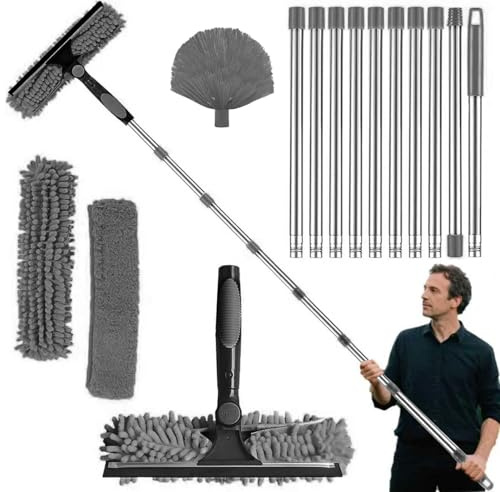 4.5M Window Squeegee Cleaner Tool Kit with Long Handle, 2-in-1 Squeegee & Microfiber Cloth,with Spider Web Brush for Indoor/Outdoor High Window, car windows cleaning, 10 Segmented Threaded Irons(Grey)