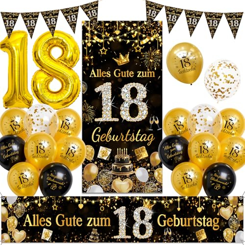 Tasoraor 18 Geburtstag Deko Junge Mädchen - Schwarz Gold Alles Gute zum 18 Geburtstag Hintergrund Banner, Konfetti Ballons Wimpel und XXL Zahlen Luftballon für 18 Geburtstagsdeko