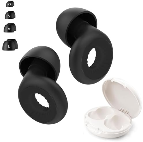Noise-Reducing Reusable Silicone Earplugs with XS/S/M/L Tips & Carry Case – Soft Black Comfort Fit Sound-Reduction for Sleep, Travel, Work & Study (≈ 20-30dB SNR)