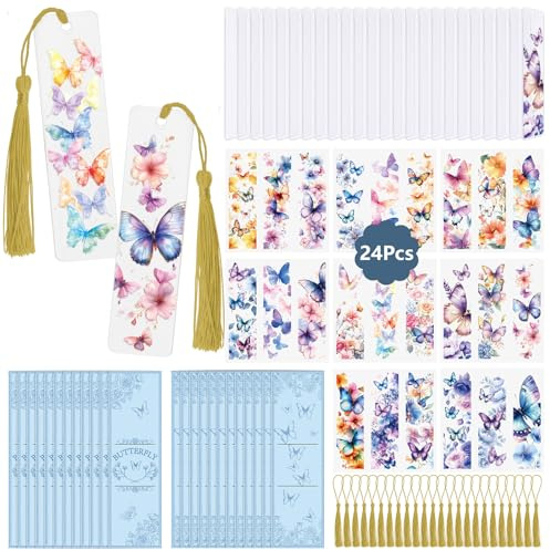 WANDIC 24 Stück Acryl-Lesezeichen, Rohlinge, Blau, Aquarell-Schmetterling-Thema, UV-DTF-Aufkleber mit Quasten, transparent, rechteckig, Lesezeichen, Basteln, DIY-Tag