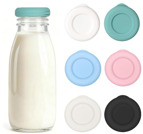 6 PCS Milk Bottle Tops [One Pint, Not 1L] Reusable Silicone Mixed Without Bottle,Dishwasher Safe, 100% Leakproof, Multicolour,Perfect Fit for UK One Pint Milk Glass Bottles (Multicolor)