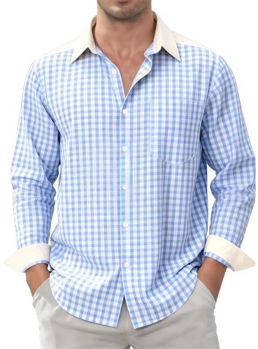 Men's Shirt Long Sleeve Cotton Shirts Regular Fit Checked Shirt with Pocket