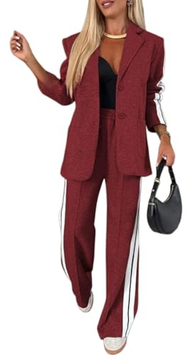 Dam 2-delad blazer kläder business casual överdimensionerad jacka, jackor breda ben byxor sweatsuits kontor kostymer set träningsoverall, Röd, 4XL