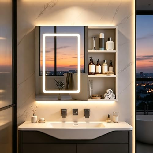 Julyue LED-spegelskåp badrum med uttag och 3 färgtemperaturer, HD anti-dimma spegel med 2 justerbara hyllor och touch-sensor[energiklass E] (MDF (E1) & härdat glas, 80 x 60 x 13,5 cm)
