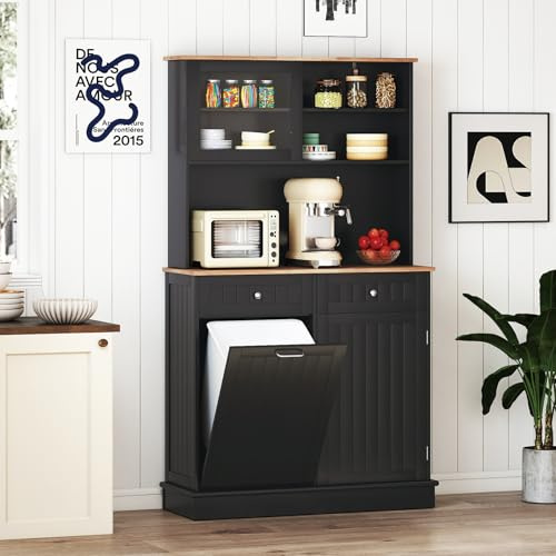 GIANTEX Buffet de Cuisine 3 Portes, 2 Tiroirs, Meuble Cuisine Rangement avec Poubelle 37,8 L, Plan de Travail en Bois, 3 Étagères Réglables, 4 Placards, pour Salon, 100 x 34 x 172 cm (Noir)