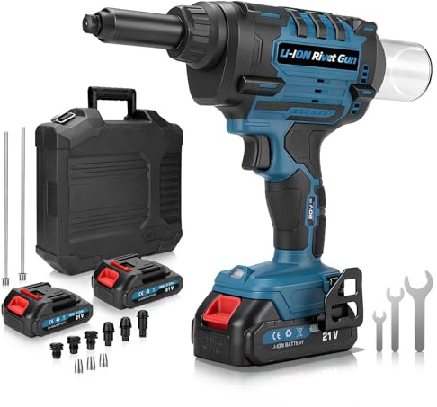 Pinza rivettatrice a batteria con 2 batterie da 2,000 mAh, 10,000 N, pinza rivettatrice elettrica senza spazzole, per rivetti ciechi in alluminio da 2,4 – 6 mm e 2,4 – 4,8 mm, lunghezza 25 mm