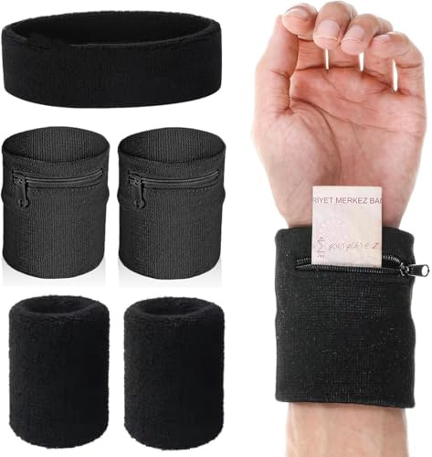 IBXWMNG 5 PCS Bolsa de Muñeca con Cremallera, Muñequeras Deportivas, Diademas Deportivas Muñequeras Absorbentes para Gimnasio Pulsera, Accesorios de Entrenamiento Bandas para el Sudor