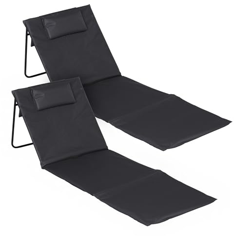 Strandmattor, set om 2, hopfällbar med justerbart ryggstöd, mörkgrå, liggmatta, vikbar, 145 x 48 cm, med huvudkudde, trädgårdssolstol, strandstol, solmatta för trädgård, camping, picknick, resor