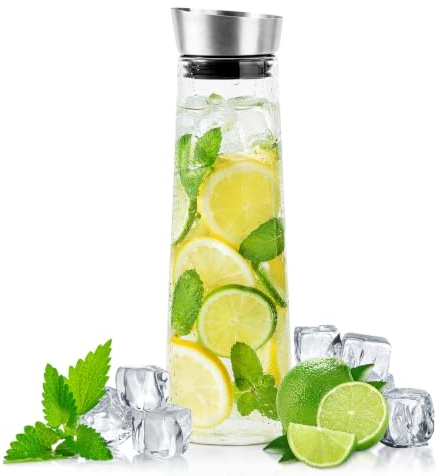 Jarra Agua Cristal 1L con Tapa Filtro, para Bebidas Frías y Calientes | Jarra de Agua de Vidrio Borosilicato, Botella Agua Nevera, para Jugo Caliente Frío,Té,Leche y Café