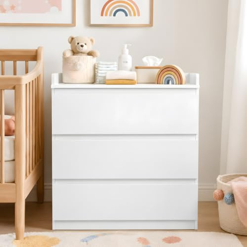 GOKHOMX Commode à langer blanche avec 3 tiroirs, table à langer peu encombrante avec protection contre les chutes et revêtement en mélamine, commode pour petite chambre de bébé, chambre d'enfant et