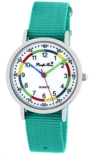 Pacific Time Kinderuhr Lernuhr Mädchen Jungen 5 ATM wasserdicht | Lernzifferblatt 1–12/05–60 Min., 5 ATM wasserdicht, beschriftete Zeiger und austauschbares 16-mm-Textilarmband.
